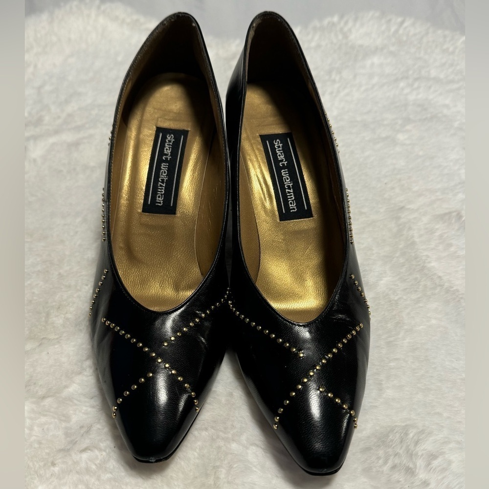 Vintage 80’s Stuart Weitzman Black Leather Gold Studded Heels Pumps Avante Garde - Picture 2 of 16